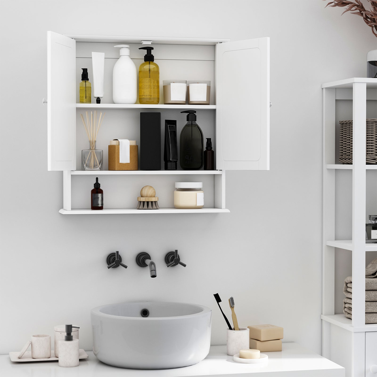 kleankin Wall-mounted Bathroom Cabinet Mirror Door Organiser Storage Shelves Living Room White 