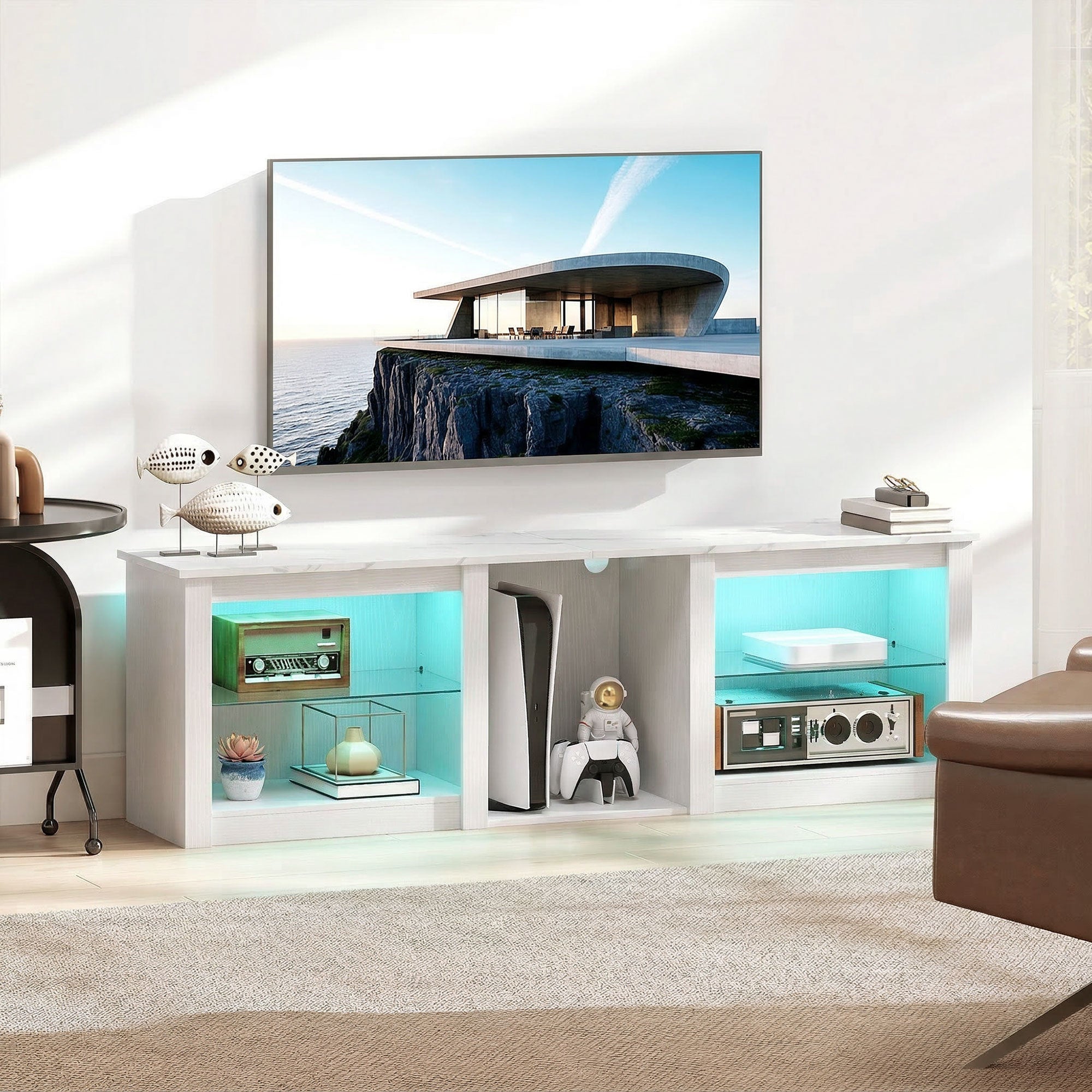 HOMCOM 70in TV Stand, with LED Lights and Storage - White 