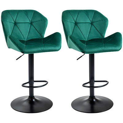 HOMCOM Bar Stools Set Of 2, Luxurious Velvet-Touch Barstools with Metal Frame Footrest Round Base Triangle Indenting Moulded Seat Adjustable Height Swivel Green 