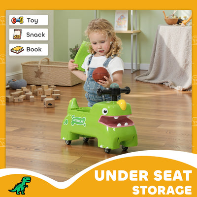 AIYAPLAY Kids Ride On Car, Dinosaur Foot to Floor Slider with Storage, Toddler Walker with Light, Sounds, Green 