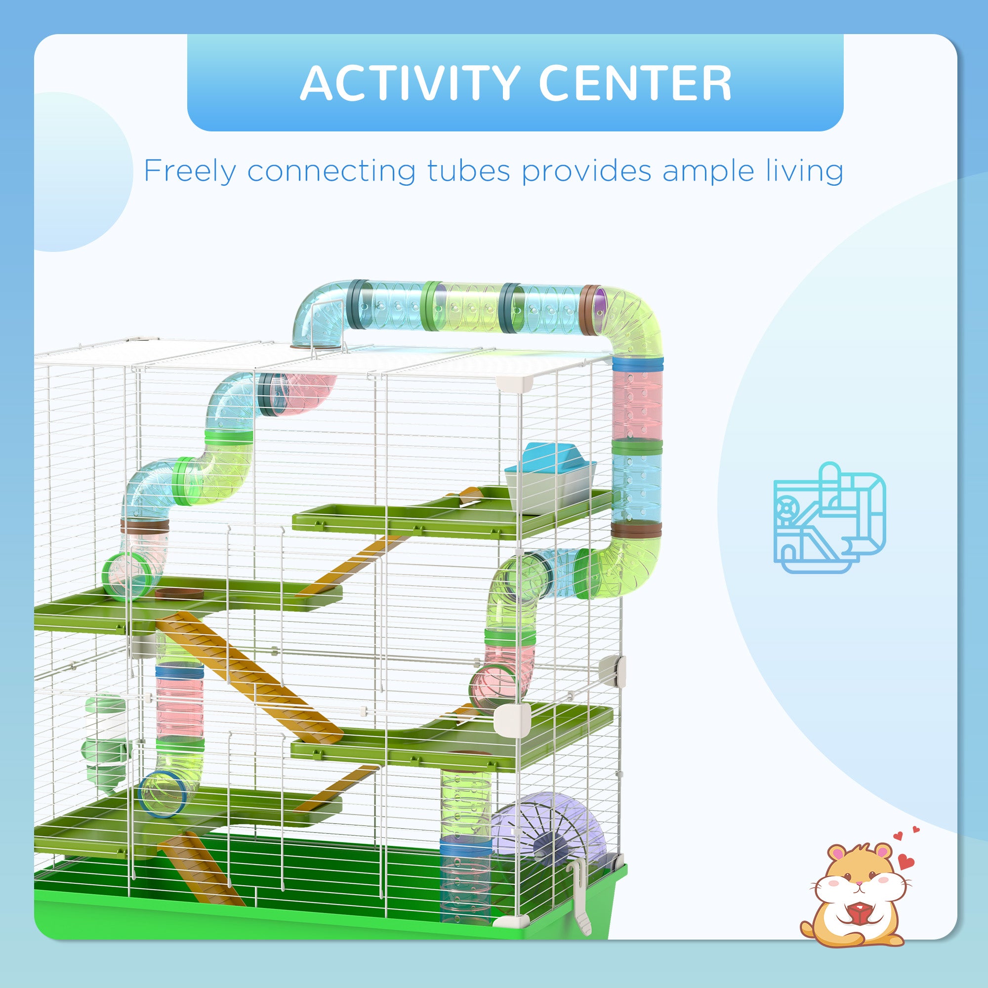 PawHut Hamster Cage w/ Water Bottle, Exercise Wheel, Tubes, Ramps - Green 