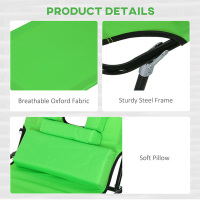 Outsunny Outdoor Foldable Sun Lounger Set of 2, 4 Level Adjustable Backrest Reclining Sun Lounger Chair with Pillow and Reading Hole, Green 