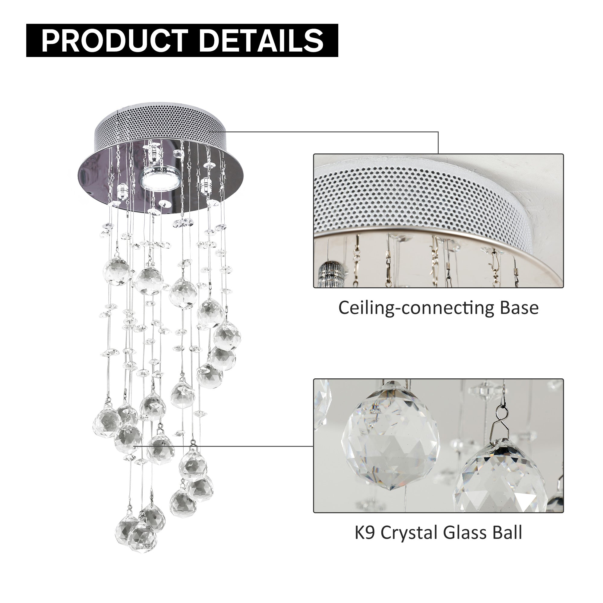 HOMCOM Metal Crystal Ceiling Light Chandelier Elegant Pendant Lamp Living Room Stairway Stairway Spiral Rain Drop Pendant Lamp Silver 