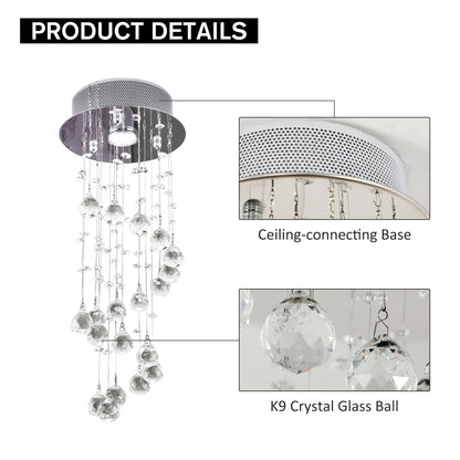 HOMCOM Metal Crystal Ceiling Light Chandelier Elegant Pendant Lamp Living Room Stairway Stairway Spiral Rain Drop Pendant Lamp Silver 