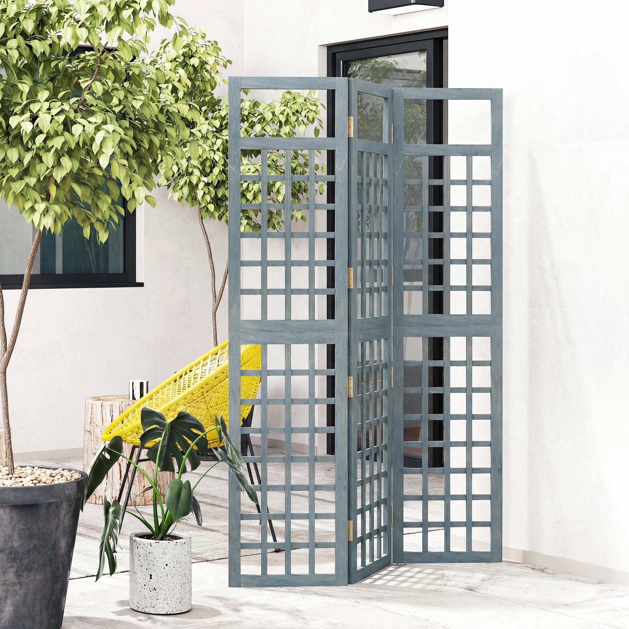 Outsunny 3-Panel Garden Privacy Screen, Freestanding Foldable Wooden Outdoor Divider/Trellis, Decorative Privacy Screen, Grey 