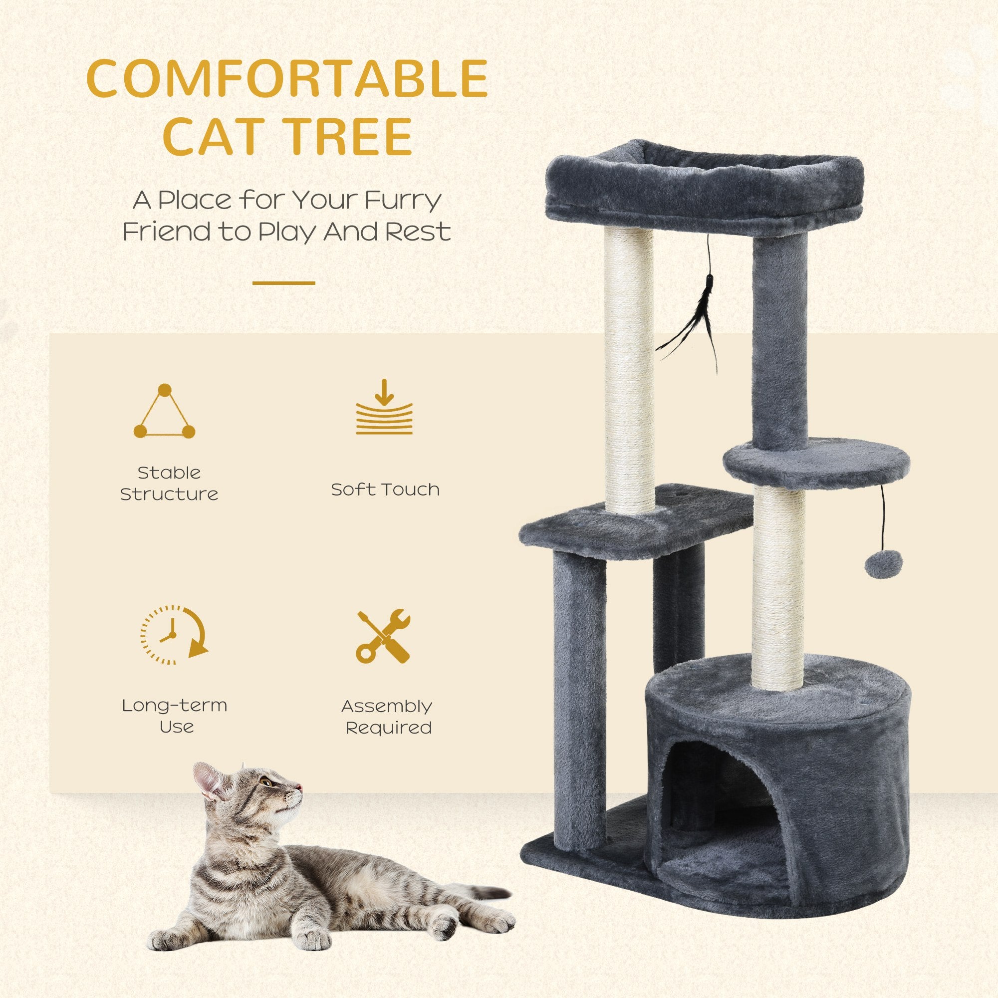 PawHut 100cm Cat Tree for Indoor Cats, Cat Tower Condo for Kittens with Cat House Sisal Scratching Posts, Hanging Ball Toys, Perches - Grey 