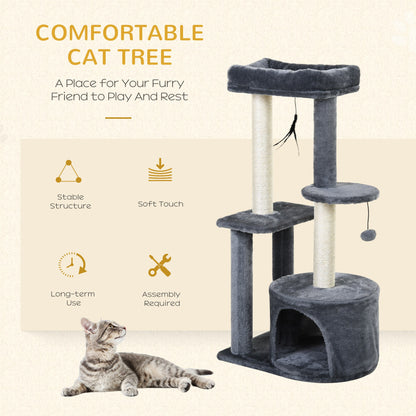PawHut 100cm Cat Tree for Indoor Cats, Cat Tower Condo for Kittens with Cat House Sisal Scratching Posts, Hanging Ball Toys, Perches - Grey 