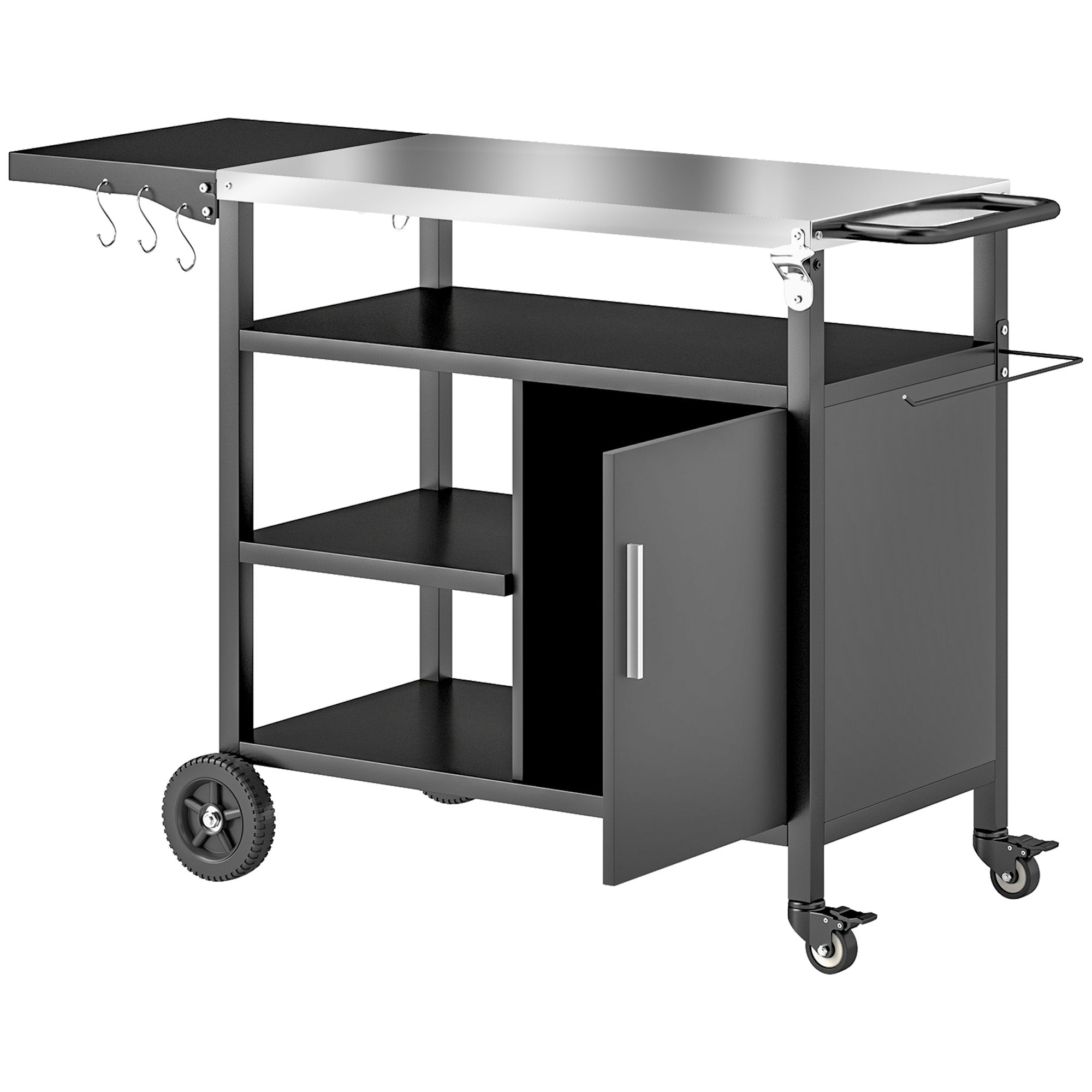 Outsunny Outdoor BBQ Trolley with Foldable Side Table, Stainless Steel Top, Outdoor Kitchen with Wheels Hooks Shelves Cabinet, Pizza Oven Table Movable Outdoor Grill Dining Cart with Cover, Black 