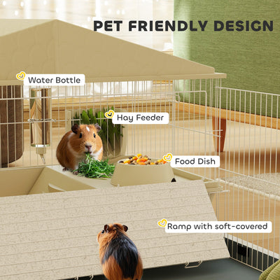 PawHut Small Animal Cage with Removable Pet Playpen, Guinea Pig Cage with Waterproof Pad, Hay Feeder, 108 x 71 x 57cm, Beige 