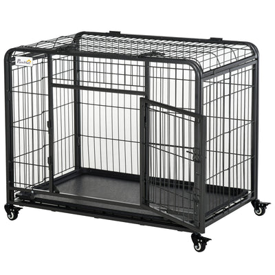 PawHut Metal Dog Cage Kennel Locking Door & Wheels Removable Tray Openable Top For Medium Pets 94 x 58 x 69.5 cm 