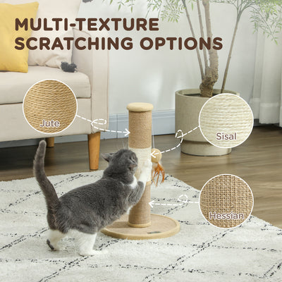 PawHut Cat Scratching Post for Indoor Cats, 47cm Tall Cat Scratcher with Jute Sisal Rope, Hanging Toy Ball, Feather, Brown 