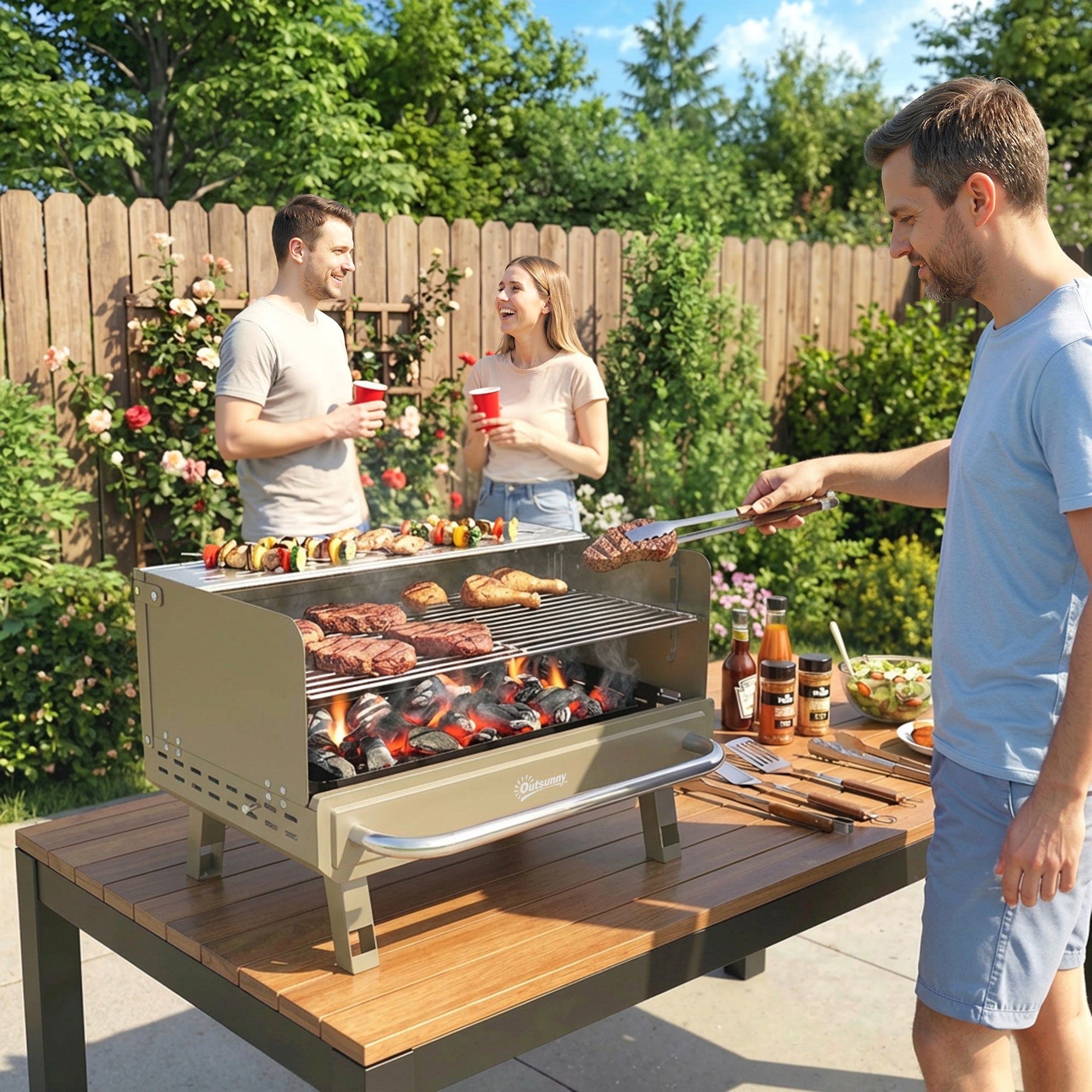 Outsunny Portable BBQ Grill, Charcoal Barbecue Grill with Adjustable Grates, Foldable Legs, Side Shelf for Camping Travel, Khaki 