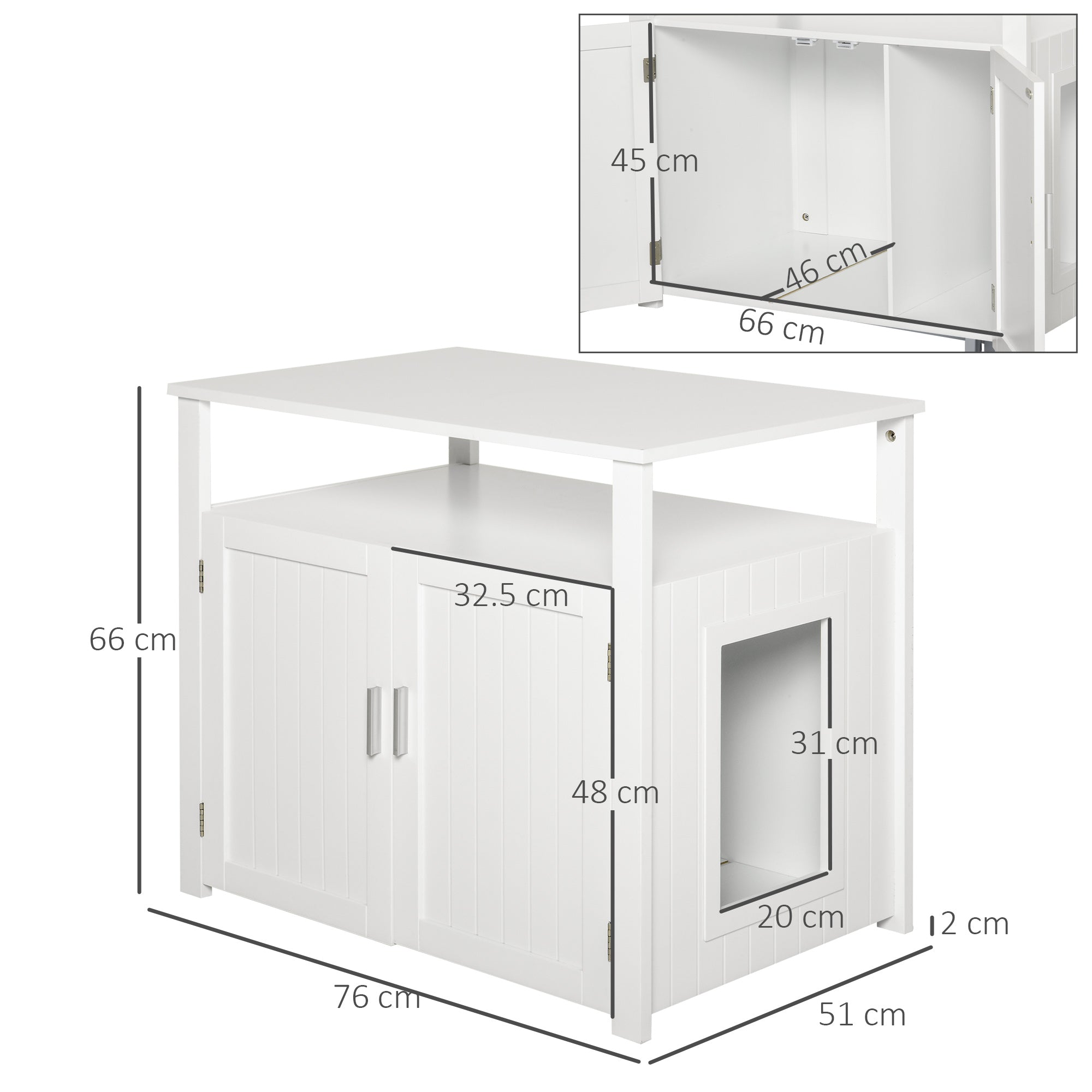 PawHut Wooden Cat Litter Box Enclosure Furniture with Adjustable Interior Wall & Large Tabletop for Nightstand, White 