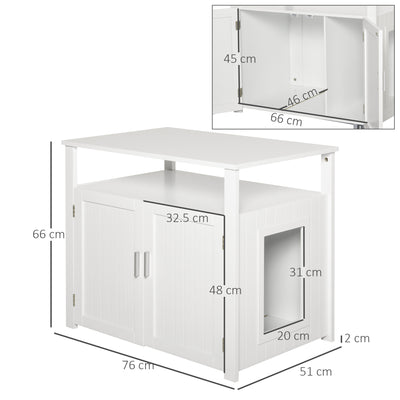 PawHut Wooden Cat Litter Box Enclosure Furniture with Adjustable Interior Wall & Large Tabletop for Nightstand, White 