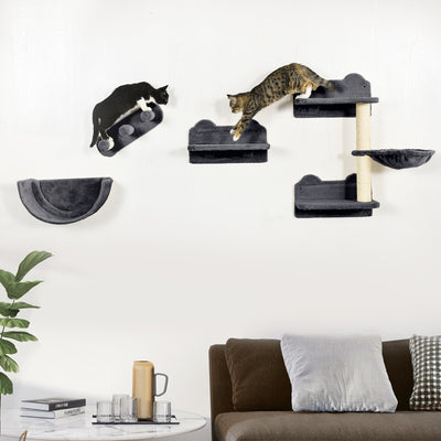 PawHut 4PCs Wall-Mounted Cat Shelves w/ Scratching Post, Hammock, Nest - Dark Grey 