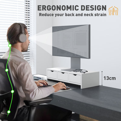 HOMCOM Monitor Stand Riser with 3 Drawers, Monitor Riser for Laptop, Computer, PC, Small Printer, 51 x 24 x 13cm, White 