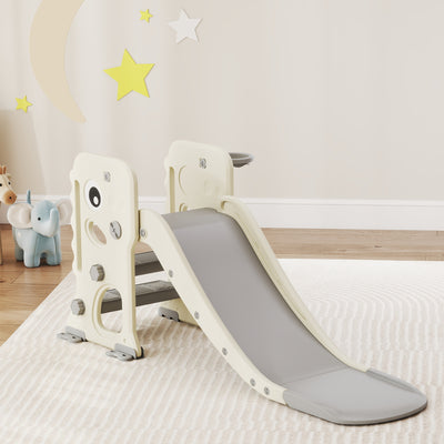AIYAPLAY 3 in 1 Kids Slide with Climber, Basketball Hoop and Ball, Foldable Indoor Toddler Slide for Ages 2-5, Cream White 