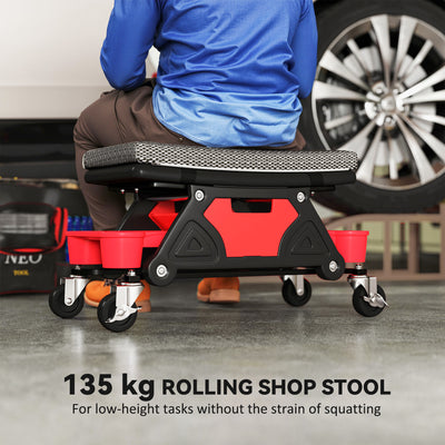HOMCOM Rolling Mechanic Stool, 135kg Capacity Workshop Stool, 360° Swivel Roller Padded Creeper Seat with Wheels, Slide Out Tool Trays and Drawer for Garage, Shop, Auto Repair, Black 