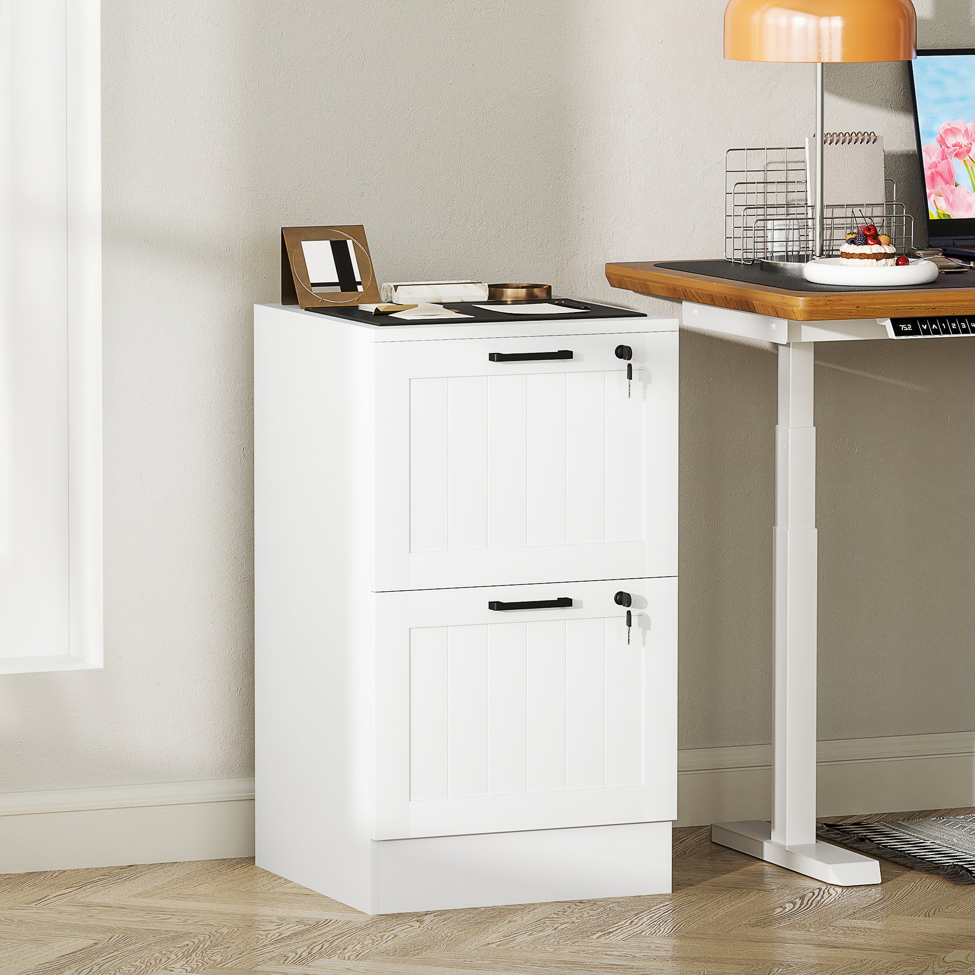 HOMCOM 2 Drawer Filing Cabinet with Lock, Office Storage Cabinet with Adjustable Hanging Bars for A4 Letter Size Files, White 