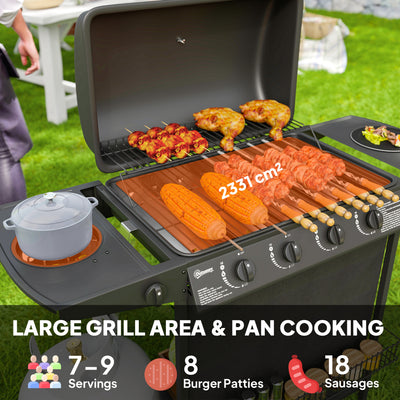 Outsunny 4+1 Burner Gas BBQ Grill, Portable Gas Barbecue Grill with Built-in Thermometer, Lid, Side Table, Shelf, Spice Rack, Wheels, Grease Cup for Garden Party Outdoor Cooking, Black 