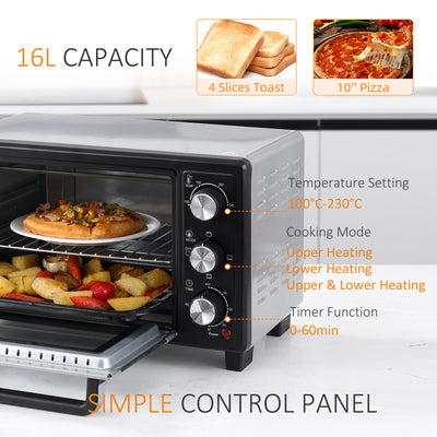 HOMCOM 16L Mini 1400W Countertop Oven - Black/Silver Tone 
