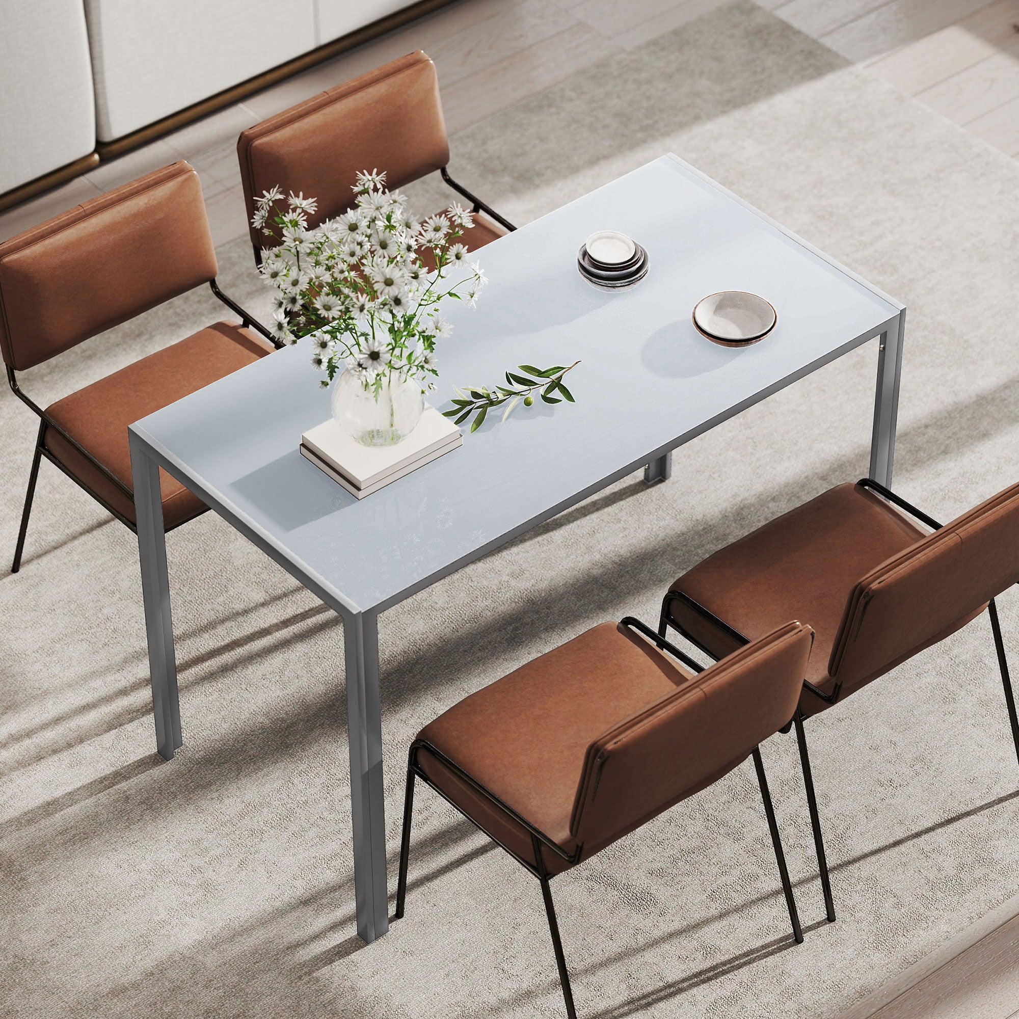 HOMCOM 120cm Dining Table, Rectangle 4 Seater Kitchen Table with Tempered Glass Top and Metal Legs, Grey 