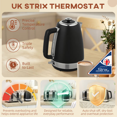 HOMCOM Stainless Steel Kettle and Toaster Set, 1.7L 3000W Rapid Boil Jug Kettle with UK Strix Thermostat, Limescale Filter, 4 Slice Toaster with 7 Browning Controls, Crumb Tray, Black and Silver Tone 