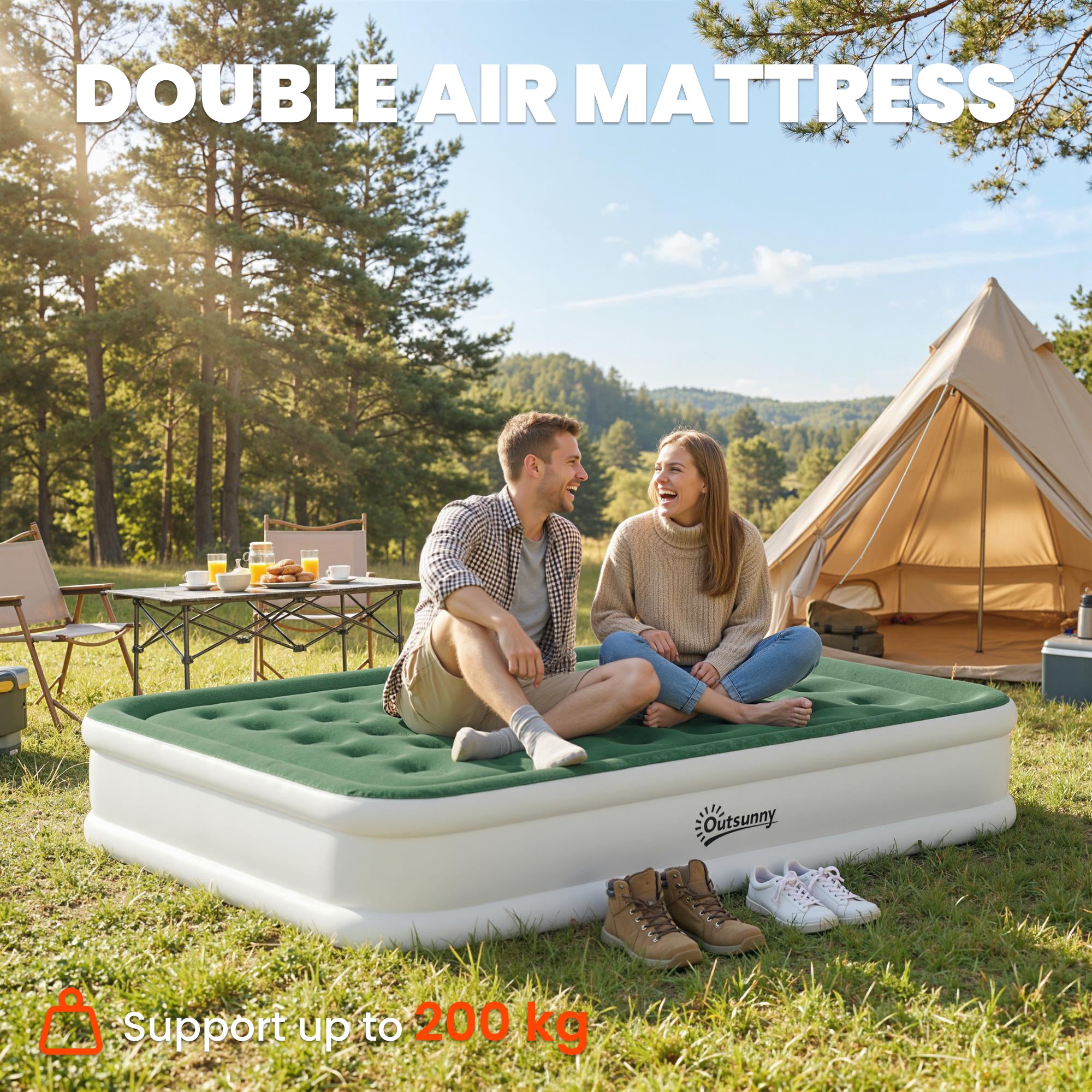 Outsunny Inflatable Mattress, Double Air Bed with Built-in Electric Pump, 3 Mins Inflation, Flocked Surface, Dark Green 
