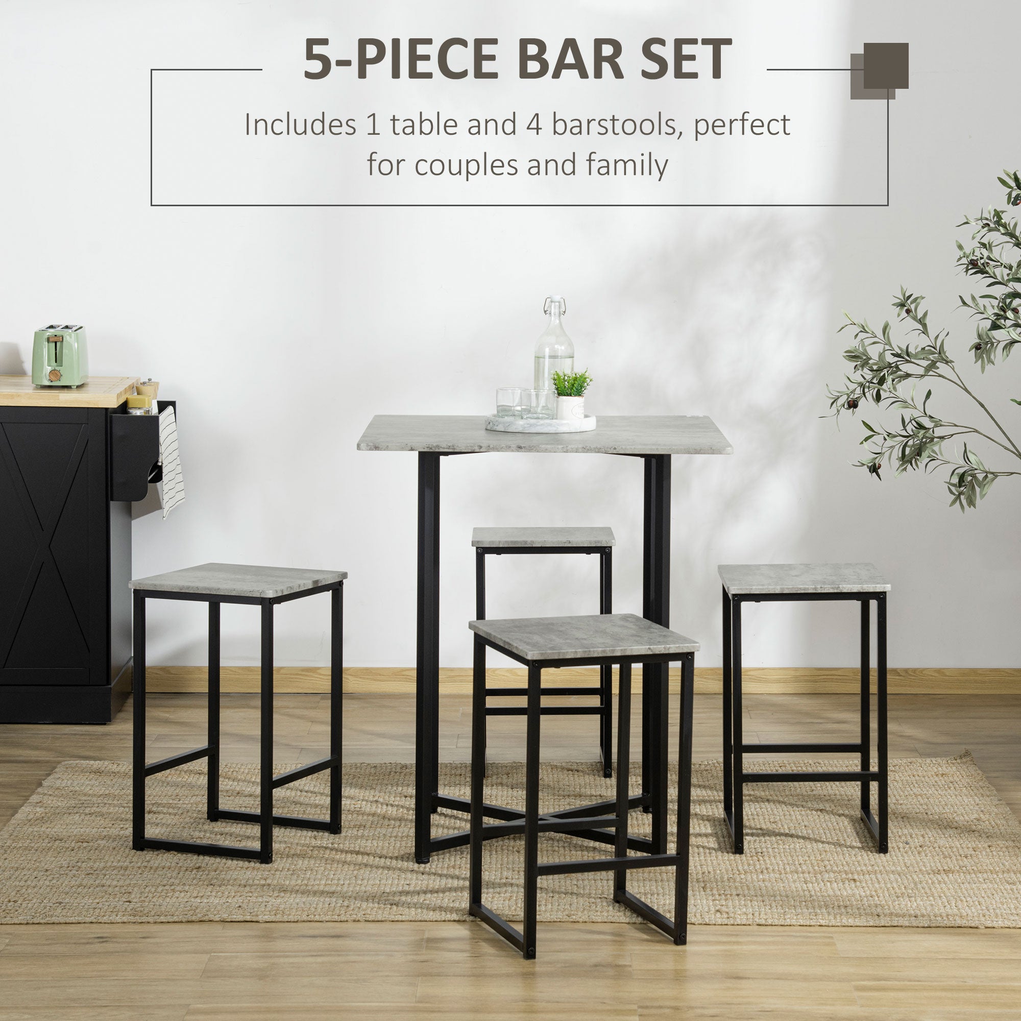 HOMCOM 5pc Bar Table Set, Square Dining Table Set for 4 People, Home Kitchen Breakfast Bar Set with Steel Frame and Footrest, Concrete Grey 