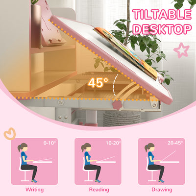 ZONEKIZ Height Adjustable Kids Study Table and Chair Set, with Drawer, Storage Shelf, 80 x 54.5 x 104 cm, Pink 