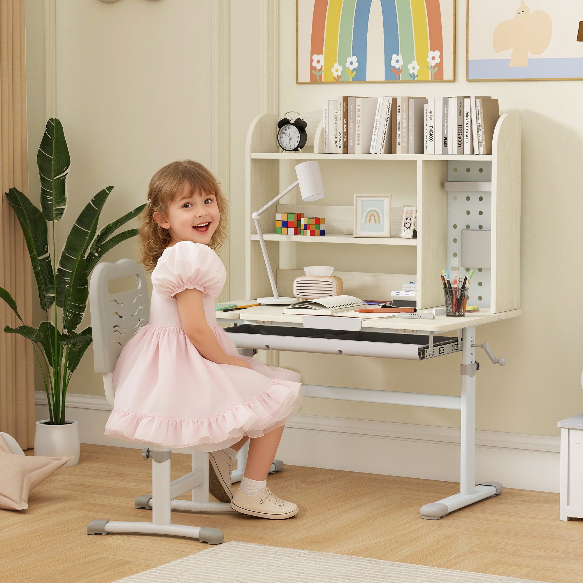 AIYAPLAY Kids Desk Height Adjustable with Tilt-Desktop, Hutch, Drawer, Storage Shelf, Pegboard, for 3-12 Years Old, Natural 