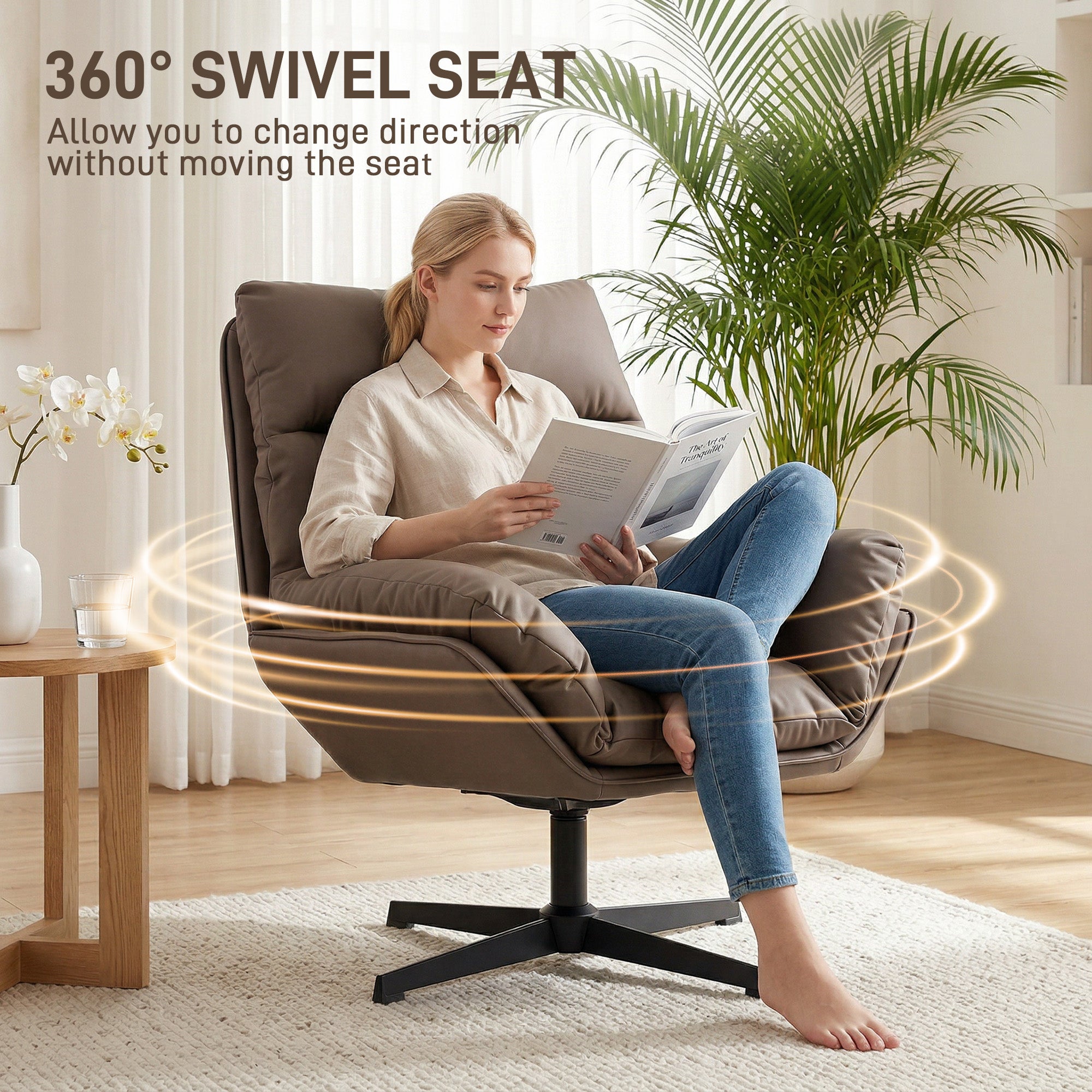 HOMCOM Accent Chair with 360 Swivel Armchair for Living Room with Padded Cushion Dark Brown 