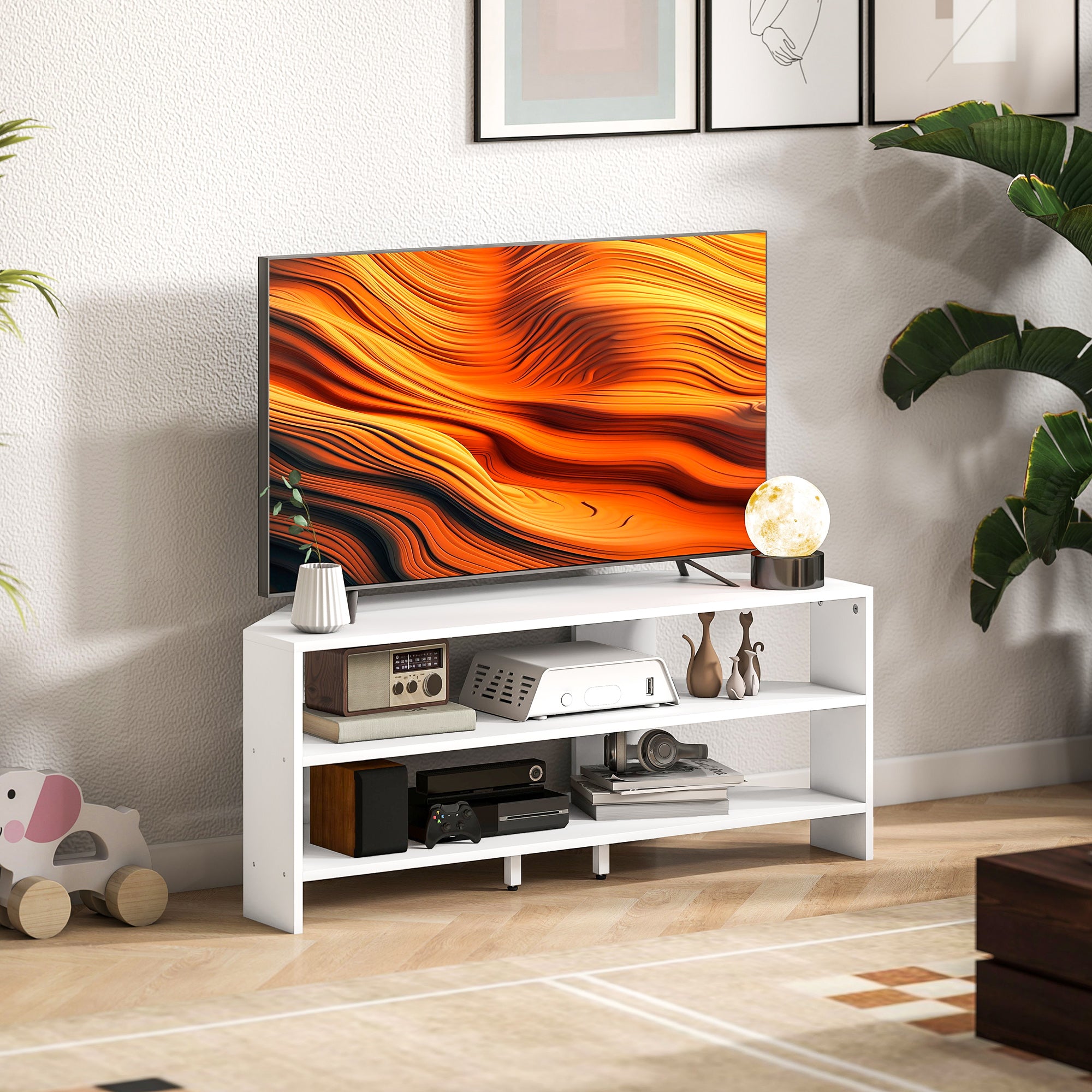 HOMCOM Corner TV Stand with 2 Open Shelves for 47 Inch TV - White