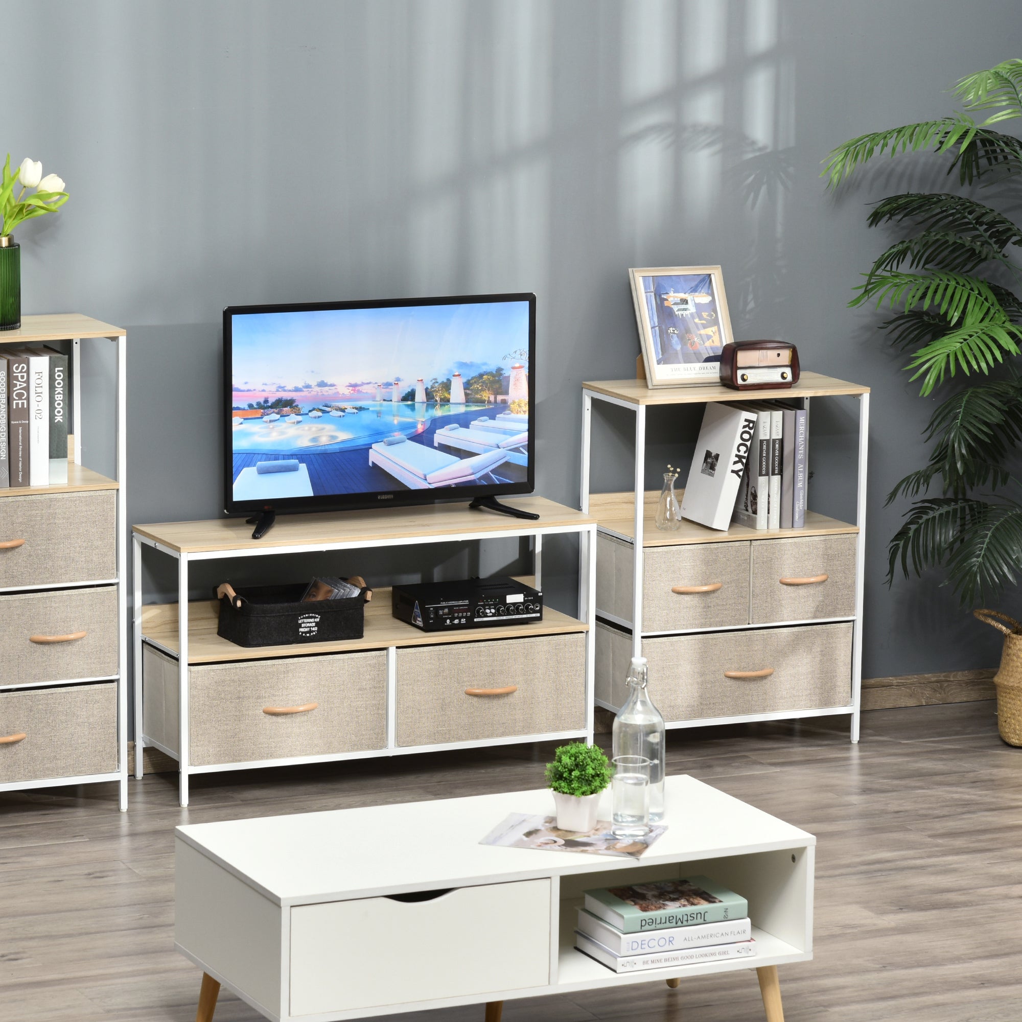 HOMCOM 3 Drawer Storage Chest Unit Home Cabinet w/ Shelves Home Living Room Bedroom Entryway Living Furniture, Light Grey 