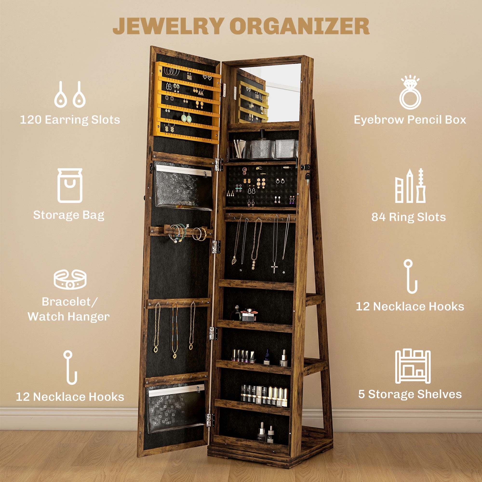 HOMCOM 360° Swivel Jewellery Cabinet, Mirror Armoire, Full Length Mirror, Lockable Jewellery Organiser with Built-In Small Mirror, Rustic Brown 