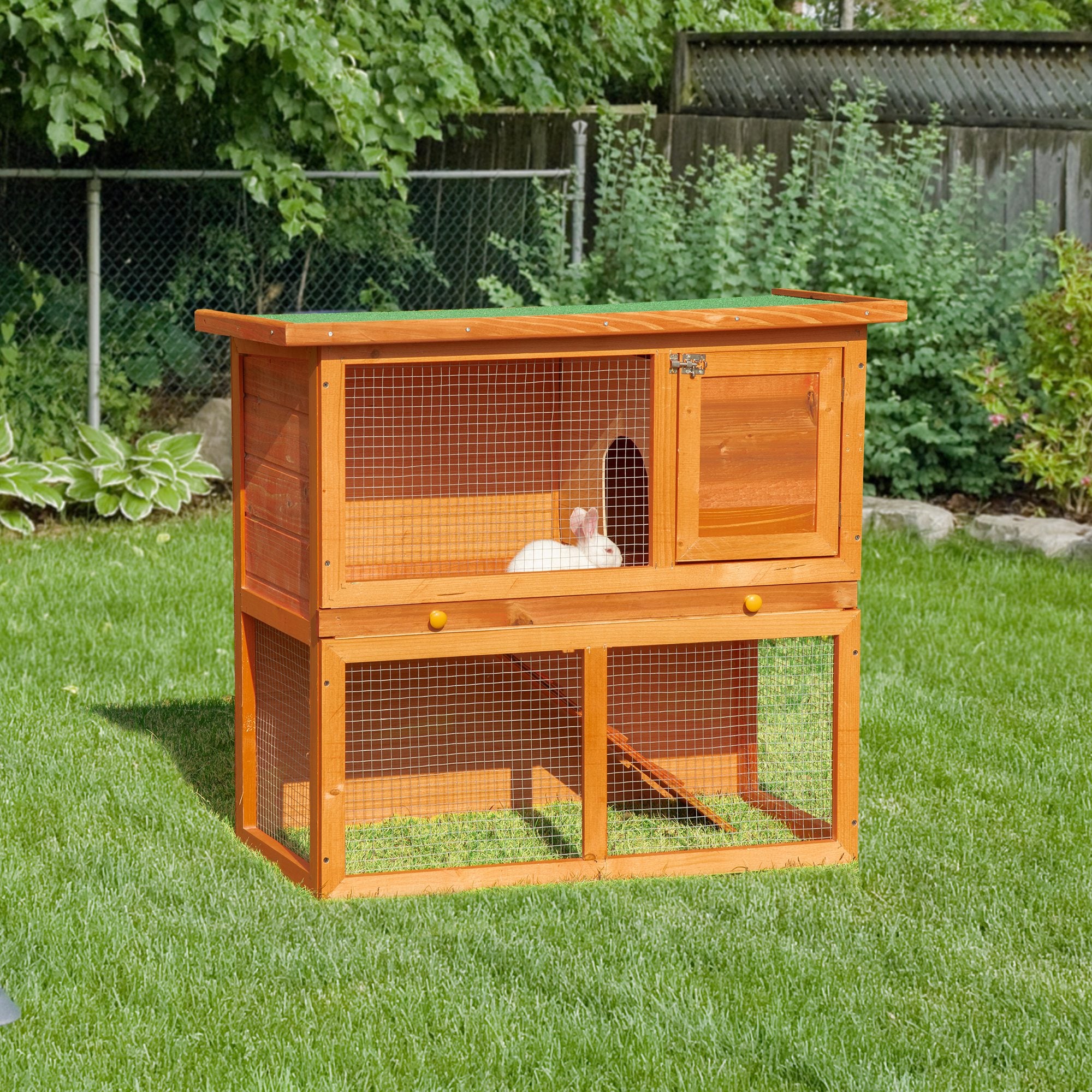 PawHut Rabbit Hutch Outdoor Guinea Pig Hutch Wooden Pet Cage Run 2-Tier with Opening Top, 90 x 45 x 80cm 