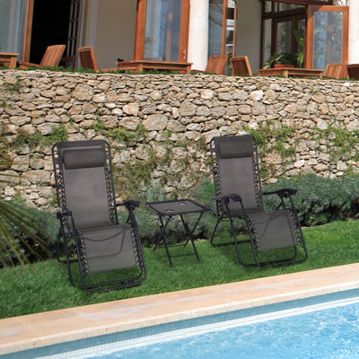 Outsunny 3pcs Folding Zero Gravity Chairs Sun Lounger Table Set w/ Cup Holders Reclining Garden Yard Pool, Dark Grey 