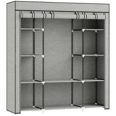 HOMCOM Clothes Storage Organiser with Hanging Rail, Shelves, Portable Wardrobe, Foldable Fabric Wardrobe, Light Grey