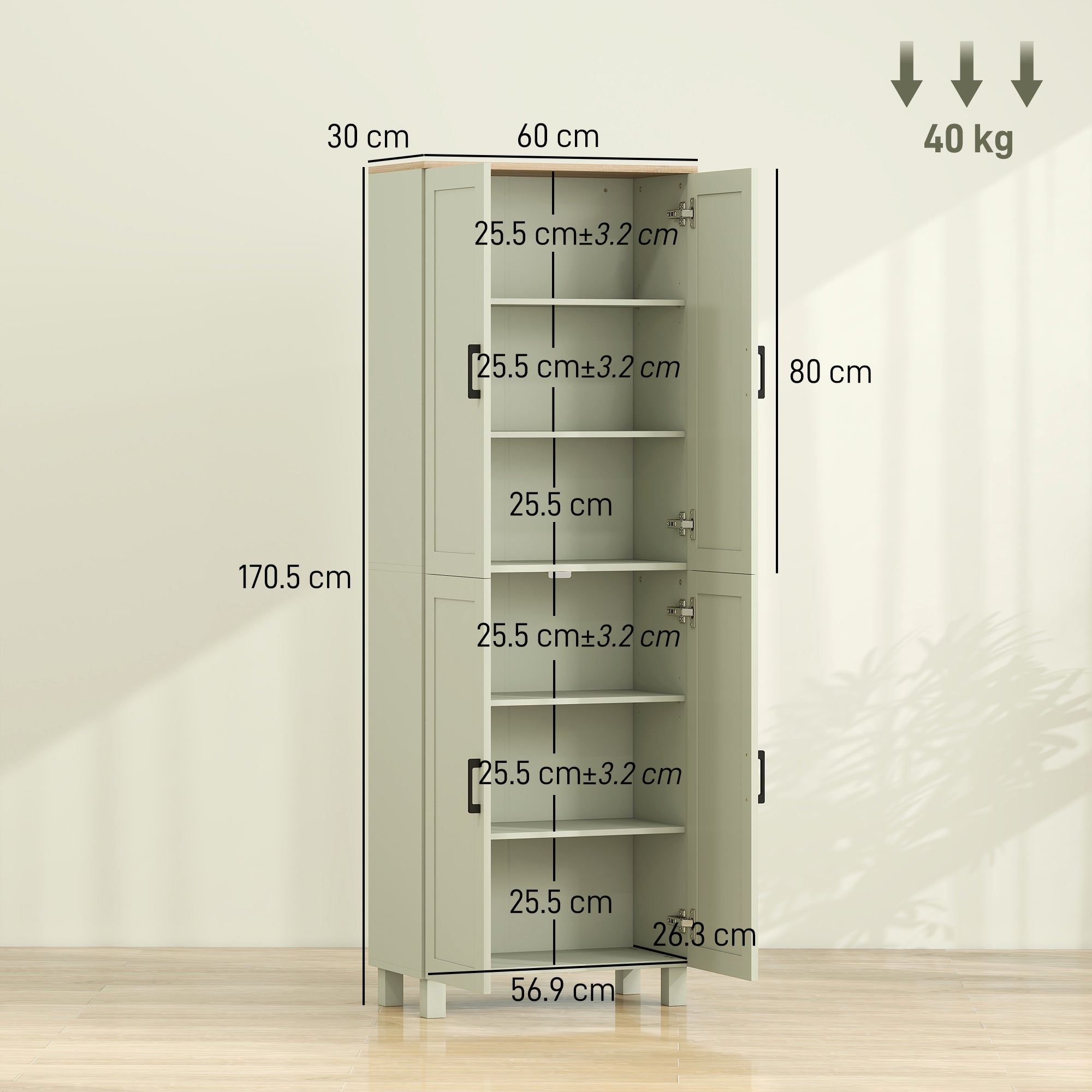 HOMCOM Freestanding Kitchen Cupboard, 4-Door Storage Cabinet with Adjustable Shelves, Modern Kitchen Pantry, 170cm, Green 