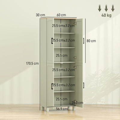 HOMCOM Freestanding Kitchen Cupboard, 4-Door Storage Cabinet with Adjustable Shelves, Modern Kitchen Pantry, 170cm, Green 