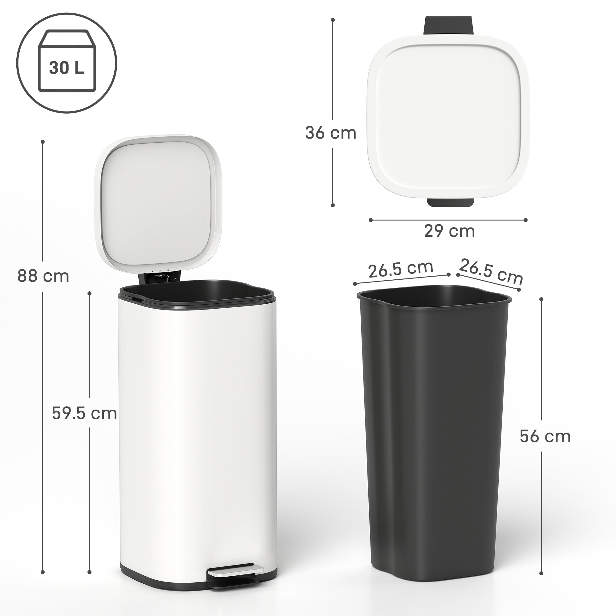 HOMCOM 30L Kitchen Bin, Compact Pedal Bin with Soft-Close and Stay-Open Lid, Removable Bucket for Kitchen, Home, Office, Cream 