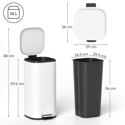 HOMCOM 30L Kitchen Bin, Compact Pedal Bin with Soft-Close and Stay-Open Lid, Removable Bucket for Kitchen, Home, Office, Cream 