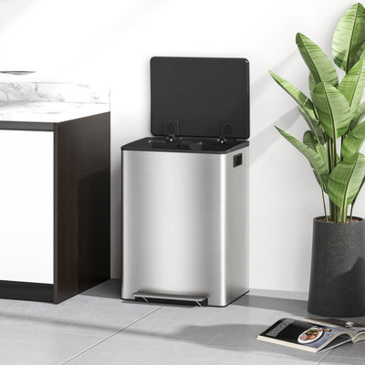 HOMCOM 60L Dual Compartment Stainless Steel Bin, with Deodoriser Holders - Silver Tone 