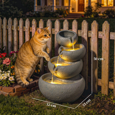 Outsunny 4-Tier Water Fountain Outdoor, Garden Water Feature with LED Lights and Pump, Freestanding Resin Waterfall for Patio 