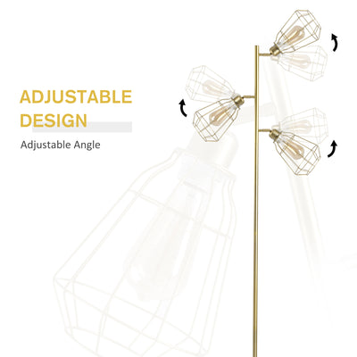 HOMCOM Retro Practical Tree Floor Lamp 3 Angle Adjustable Lampshade Steel Base for Living Room Bedroom Office Gold 165cm 