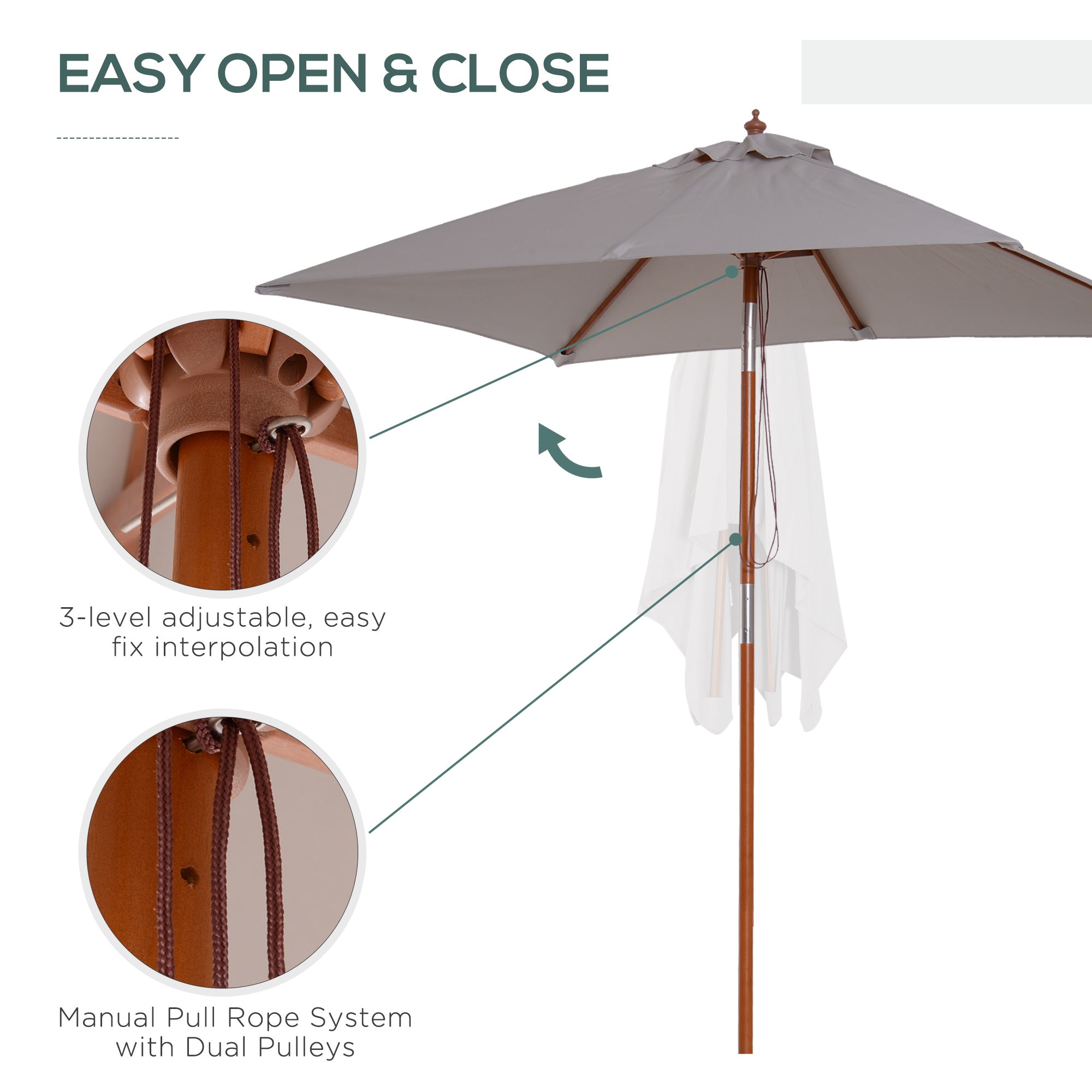 Outsunny 2m x 1.5m Garden Parasol Umbrella with Tilting Sunshade Canopy, Outdoor Market Table Umbrella with Wood and Bamboo Frame, Grey 