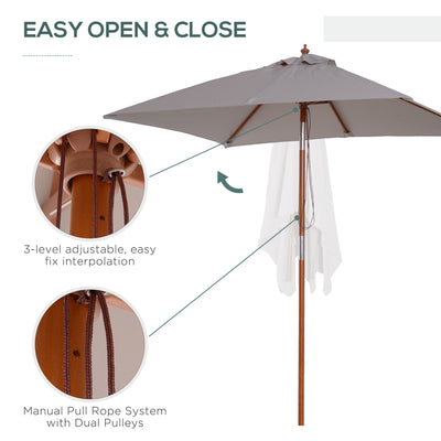 Outsunny 2m x 1.5m Garden Parasol Umbrella with Tilting Sunshade Canopy, Outdoor Market Table Umbrella with Wood and Bamboo Frame, Grey 