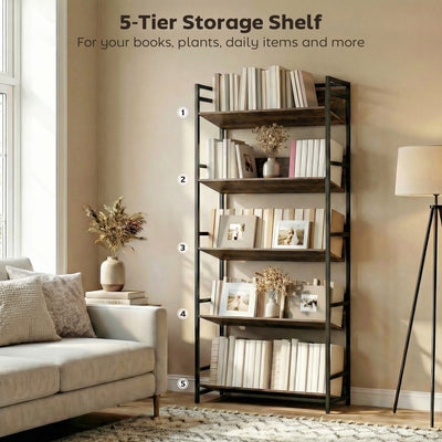 HOMCOM Bookshelf 5-Tier Metal Frame Room Divider Bookcase Storage Shelves for Living Room Rustic Brown 
