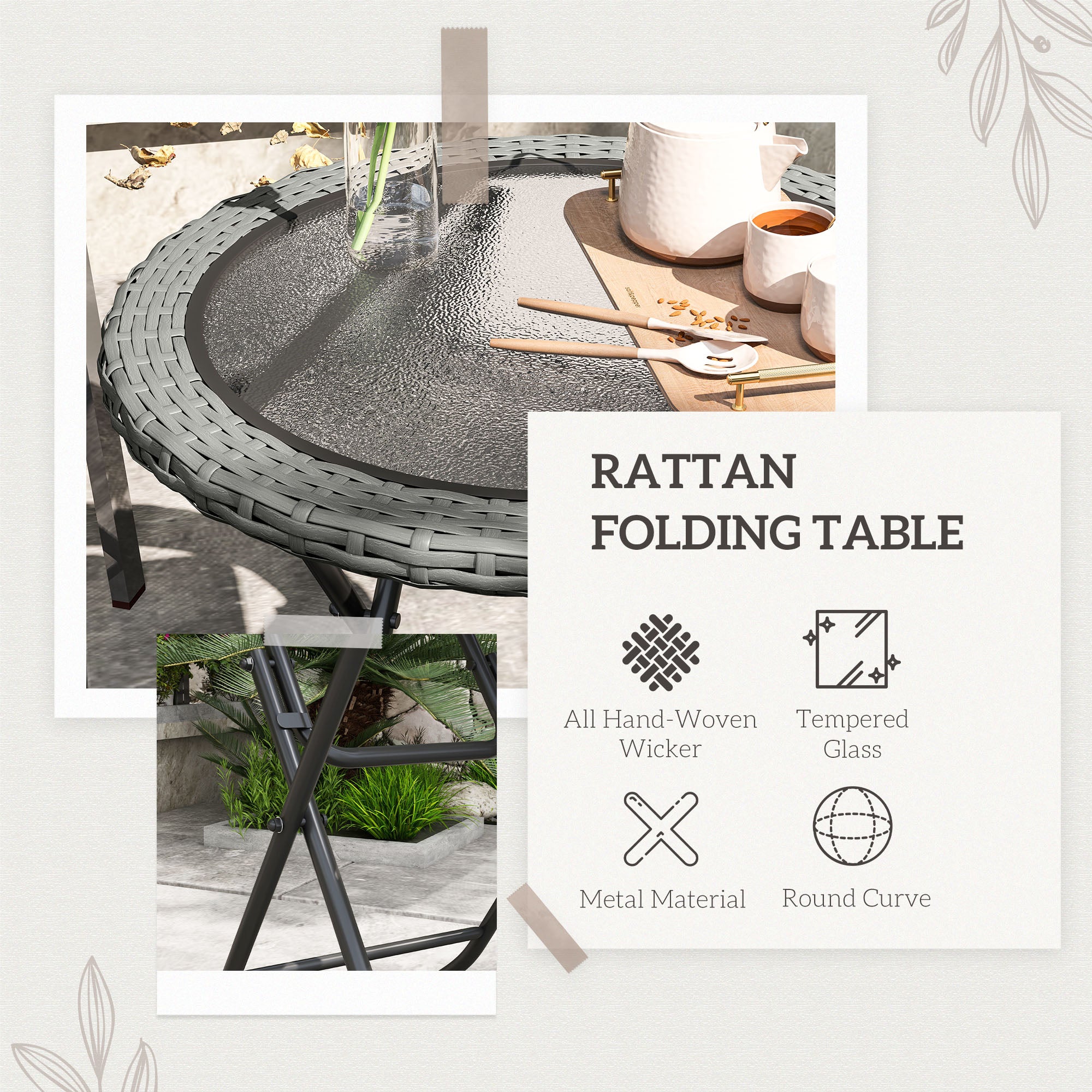 Outsunny Folding Round Tempered Glass Garden Table with Grey Rattan Edging