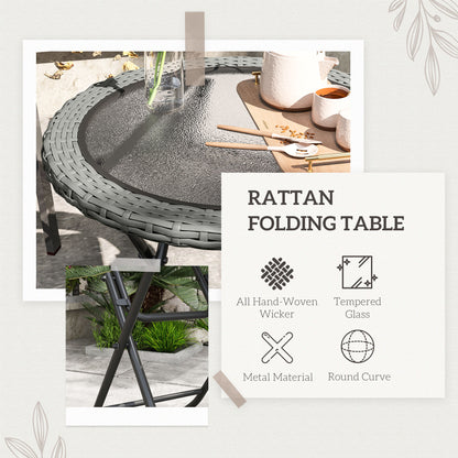 Outsunny Folding Round Tempered Glass Garden Table with Grey Rattan Edging